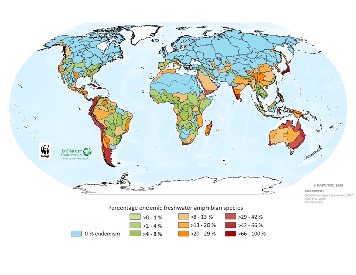 Percentage endemic freshwater amphibian species